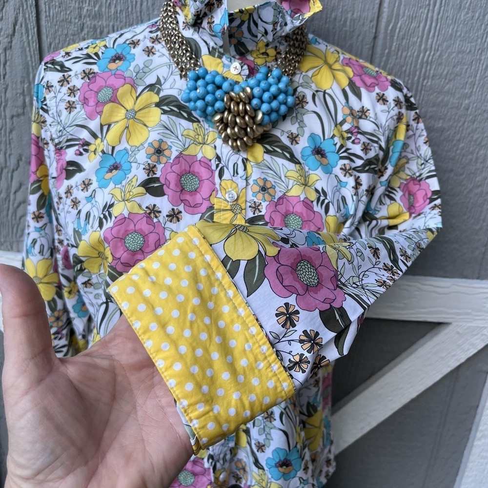 Upcycled Hippy Talbots Liberty Like Floral & Polka Dot Ruffle Collar Shirt L - Picture 6 of 10
